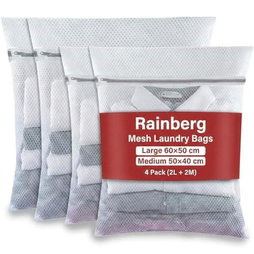 Rainberg Mesh Laundry Bags for Washing Machine, Large 60x50cm and Medium 50x40cm, Durable with Zip Reusable Clothes Washing Bags for Travel and Storage, White, 4 Pack (4 Pack (2L + 2M))