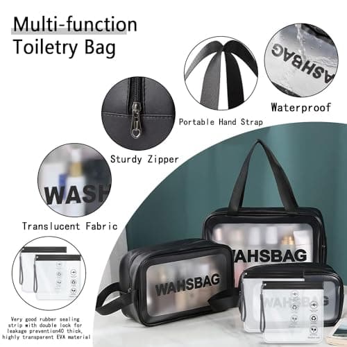 WUBAYI 5Pcs Clear Toiletry Bag, Waterproof PU Makeup Bag with Zipper Handle, Portable Airport Cosmetic Bag for Women & Men, Travel Accessories Wash Bag for Travelling & Holiday (5 Packs Blue) — view 3