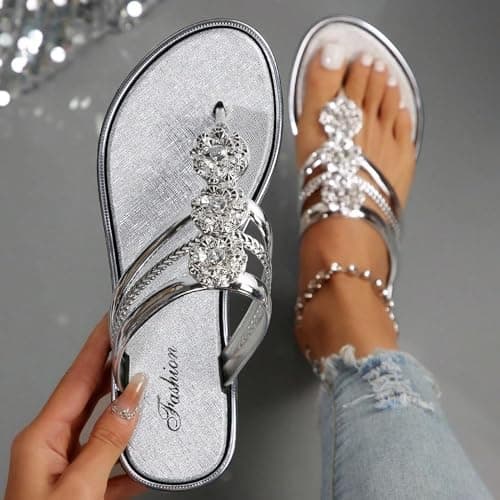 Women's Sparkly Flip Flops Diamante Sandals for Women Glitter Slides Mules Thong Sandal Stylish Flat Shoe for outdoor indoor Summer Beach Travel Vacation — view 2