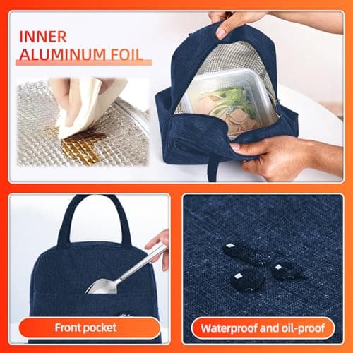 MeiLang Small Insulated Lunch Bag | Leakproof Thermal Cool Bag Reusable Lunch Tote Bag for Work School Picnic Travel Navy Blue — view 3