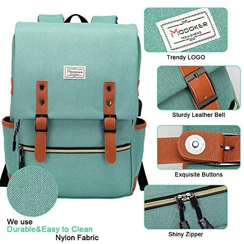 MODOKER Vintage Women Laptop Backpack with USB Charging Port, School College Backpack for Women Men Fashion Backpack Fits 15.6Inch Notebook, Slim Casual Travel Daypack Bookbag Green — view 6