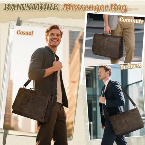 RAINSMORE Laptop Messenger Bag 15.6 Inch, Waterproof Vintage Leather Briefcase for Men, Large Capacity Professional Satchel for Business Travel University Dark brown — view 2