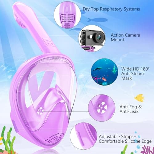 Kids Snorkel Mask Full Face, Snorkeling Gear for Kids 3-14 with Camera Mount, 180 Degree Panoramic View Snorkeling Set Anti-Fog Anti-Leak (Purple) — view 2