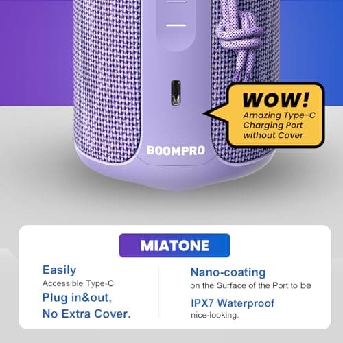 MIATONE Boompro Bluetooth Speaker 36W Portable Speakers with Stereo Sound Bass Waterproof IPX7 With USB Type C Charging Port Gifts for Woman Girl Friend (Purple) — view 5