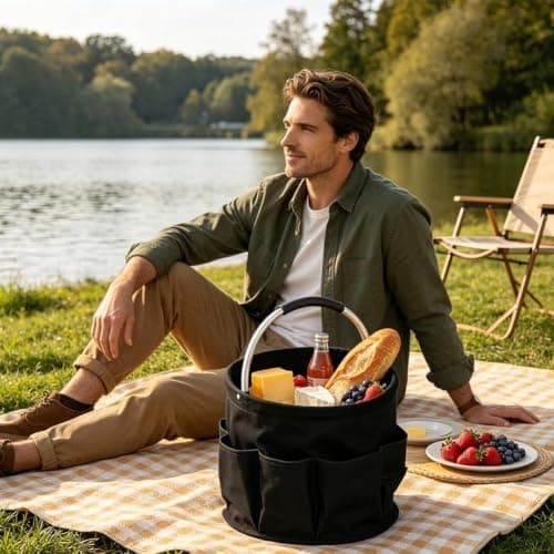 Cleaning Caddy for Cleaning Supplies, Foldable Cleanings Supplies Organizer Bucket with Handle, Waterproof Wear-Resistant, Portable Multi Bucket Bag for Camping, Beach, Gardening (Black) — view 4