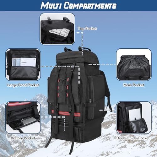LYtech 130L Hiking Camping Backpack Waterproof Internal Frame Camping Rucksack for Men & Women Large Tactical Backpack Adjustable Padded Straps Multi-Pocket Design for Trekking & Outdoor Adventures — view 4