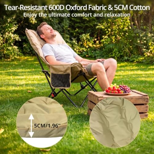 Anbte Padded Camping Chair for Adult, 3-Position Adjustable Backrest, khaki — view 3