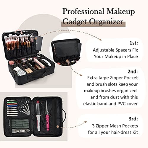 Makeup Bag Extra Large Travel Makeup Bag with Compartment Cosmetic Bags Makeup Organiser Bag Vanity Case Makeup case and Shoulder Strap, Black — view 3
