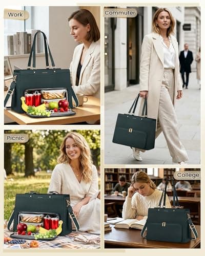 RAINSMORE Teacher Bag 15.6 Inch Laptop Bag with Lunch Compartment PU Leather Laptop Tote Bags for Women Professional Work Bag for College Office DeepGreen — view 2