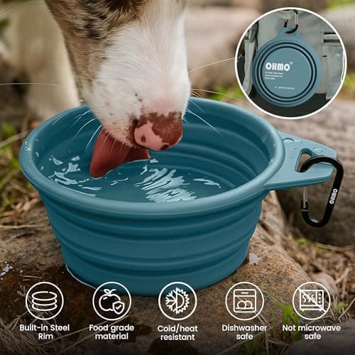 OHMO Large Collapsible Dog Bowl with Steel Ring, 800ml, Light Blue — view 5