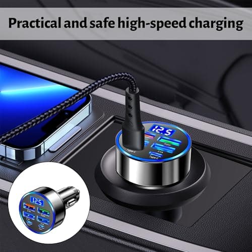 USB C Car Charger Adapter,6-In-1 Super Fast Car Charger,30 Minute Car Charger with LED Voltmeter Compatible with IPad,IPhone& Android Etc — view 6