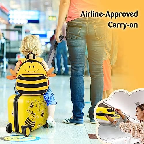 Maxmass 2 PCS Kids Luggage Set, 12" & 18" Children Ride on Suitcase and Backpack with Adjustable Handle, Anti-Lose Rope, Girls Boys Hard Shell Trolley Case for School Travel (Yellow Bee) — view 6