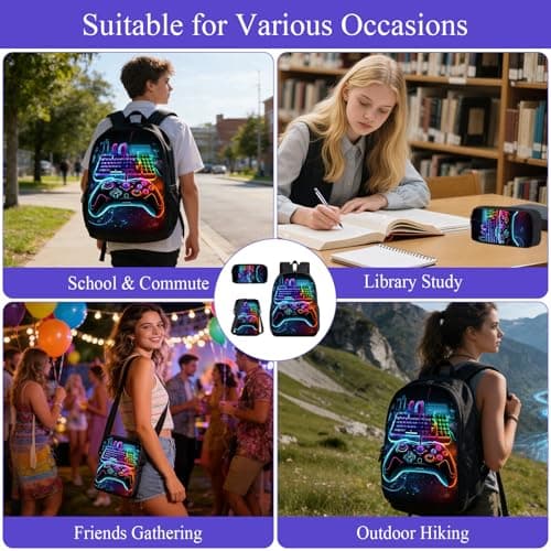 Nhemeylp 3PCS Gaming School Bag Set, Waterproof Backpack with Crossbody Bag & Pencil Case, Durable Boys Backpack for Kids Teens School Travel Camping Daily Use Gift — view 6