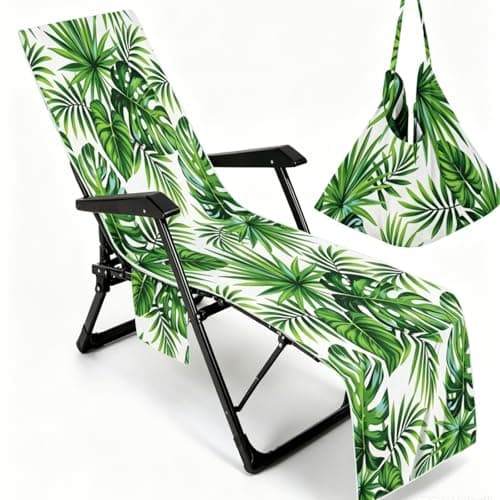 Minicoco Beach Towel with Pockets，Sand Free Sun Lounger Towel with Bag, Lightweight Sports Towel, Compact Travel Beach Towel for Summer Outdoor Pool Vacation, 215×75cm, Green Leaf Print — view 6