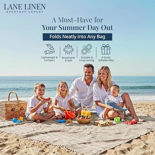 LANE LINEN Giant XL Turkish Beach Towel Blanket – 208x208 cm Extra Large Cotton Sand-Free Quick Dry Towel – Perfect for Beach, Camping, Travel, Picnic, Outdoor Adventures - Beige — view 4
