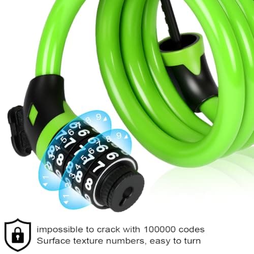 Ainiv Bike Lock, High Security 5-Digit Combination Coiling Cable Lock, 1.2mx12mm, Heavy Duty Bike Lock with Mounting Bracket, for Bike, Motorbike, Scooter, Gate, Fence, Green — view 3
