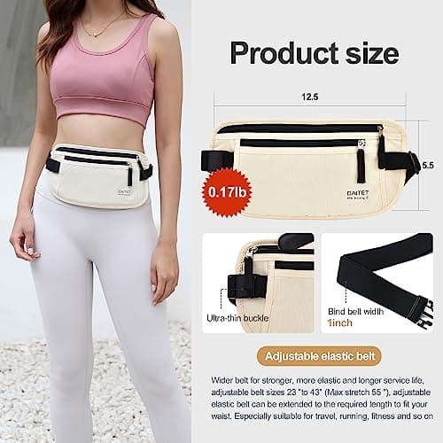 RFID Blocking Money Belt for Men Women, Slim Fanny Pack for Travel，Running,Conceal Waist Wallet for Passport Holder,Phone,Cash(Cream White) — view 3