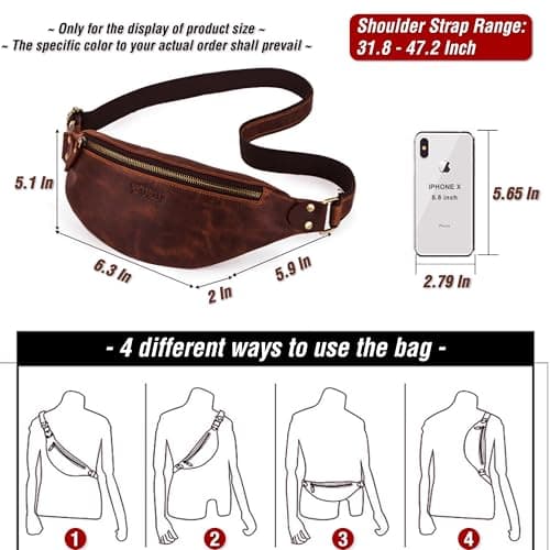 Top Grain Genuine Leather Customizable Slim Waist Pack for Man & Woman, Minimalist Vintage Design, Handmade with Detachable Hardware, Slim Fanny Pack Small Crossbody Belt Bag for Traveling or Riding — view 5
