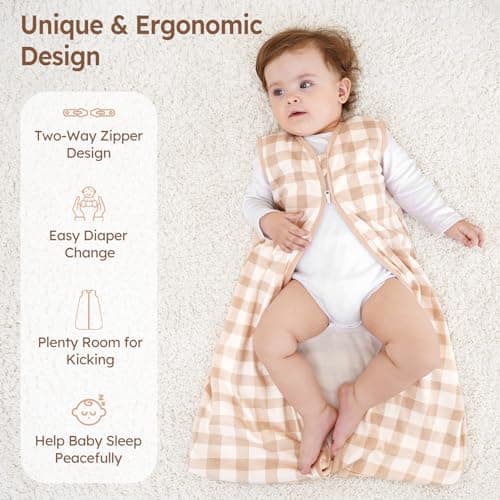 Unnivoll Baby Sleeping Bag 0.5 Tog 6-12 Months Summer Sleep Sack 3 Pack 100% Cotton Baby Sleep Bag Wearable Blanket for Newborn Infant Brown Checkered Floral — view 4