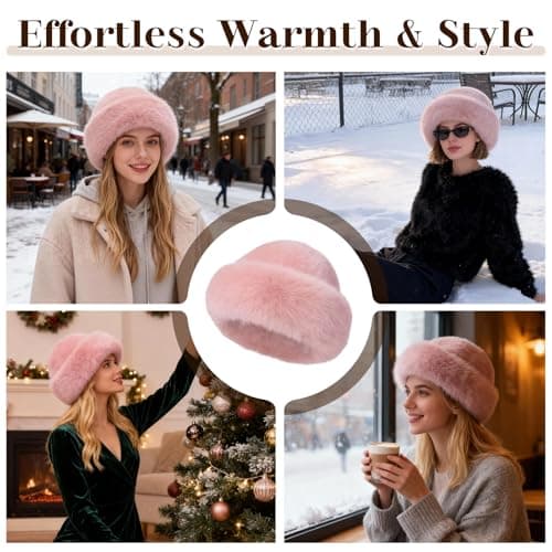 Faux Fur Bucket Hat for Women, Russian Style Winter Fluffy Fuzzy Ladies Hats Travel Hiking Work Home, Chapeau Fourrure Femme Winter Fashion Gift (Pink) — view 5