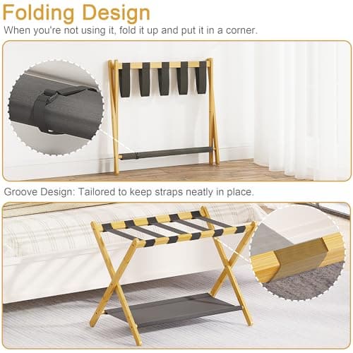 BAMBOOHOMIE Bamboo Luggage Rack for Guest Room, 26.77" Folding Wide Suitcase Stand with Fabric Storage Shelf, Luggage Stand Holder for Bedroom Hotel, Luggage Rack for Suitcasess (2 Pack - Natural) — view 3