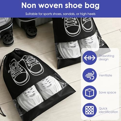 MENIBBLER 10Pcs Shoe Bags Travel Shoe Bag with Semi Transparent Window, Portable Dustproof Walking Boot Bags for Men and Women Reusable Drawstring Shoes Pouch for Packing in Luggage(Black) — view 3