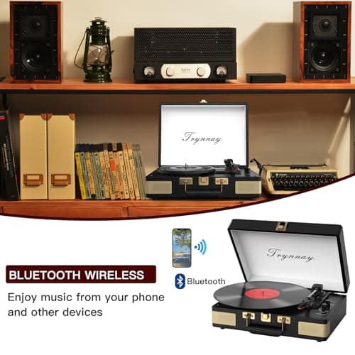 Trynnay Record Player 3 Speed Bluetooth Portable Suitcase Vinyl Player with Built-in Speakers Turntable Enhanced Audio Sound Waxed Leather Vintage Black — view 3