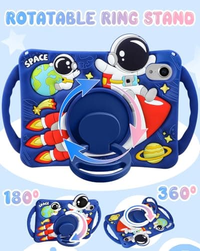 Boaretiu Kids Case for iPad mini 7 (A17 Pro)/mini 6 Generation 8.3 Inch - Cute Cartoon Astronaut Spaceship Silicone Case with Strap & Rotating Stand Soft 3D Tablet Cover for Boys Teens — view 3