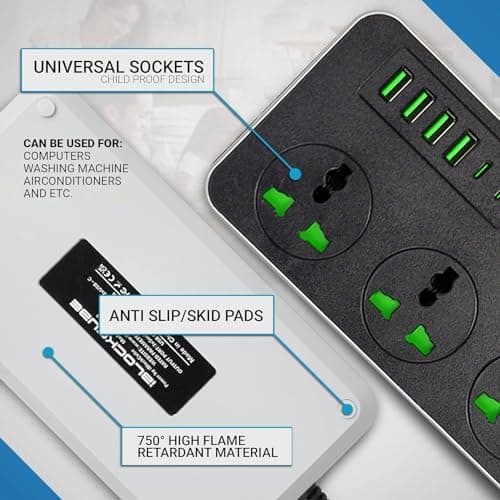 iBlockCube Universal Extension Lead with 6 USB Ports | 2 Meter Cable Power Strip Surge Protector, Wall Adapter Power Hub w/Switch | Fuse & Shutter, 3 Way Gang Socket Electrical, UK Plug (Black Gray) — view 4