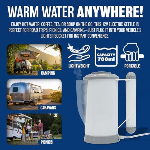 12v Car Travel Kettle - For Van Motorhome Boats Jug Caravan | Hot Water, Coffee, Tea Travel Camping Hiking Caravan Boiling Volt Water Socket - Includes Cigarette Socket Lighter Charger — view 5