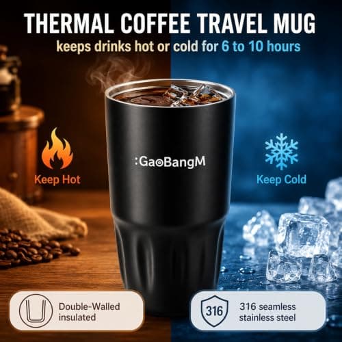 : GaoBangM 450ml Travel Mug, Insulated Coffee Cup with Leakproof Lid, Black — view 4
