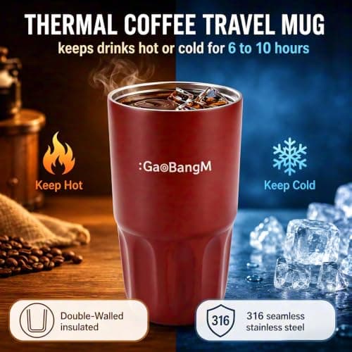 : GaoBangM 450ml Travel Mug, Insulated Coffee Cup with Leakproof Lid, Red — view 4