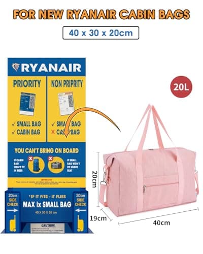 Narwey for Ryanair Cabin Bags 40X30X20 Underseat New Ryanair Small Foldable Travel Duffel Hospital Weekend Bag for Women Ryan Air Carry on Luggage Holdall Tote for Men 20L (Pink) — view 2