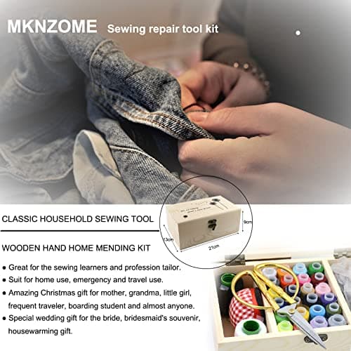 Wooden Sewing Basket,MKNZOME Over 110 Pcs Premium DIY Sewing Supplies Accessories Portable Mini Sewing Kits with Wooden Storage Box for DIY Adults Kids Beginners Traveller and Emergency Clothing Fixes — view 2