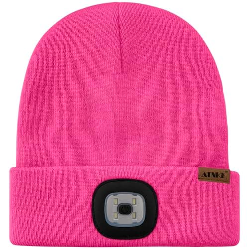ATNKE Kids LED Lighted Beanie Hat,USB Rechargeable 4 LED Running Headlamp Ultra Bright Cap with Light Hands Free Head Torch Winter Warm Knit Beany Great Gifts for Boys and Girls/Rose Red — view 2
