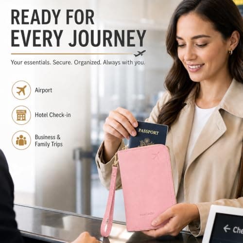 ILIYAH RFID Passport Wallet Holder - PU Leather Travel Document Organiser with Zipper Wrist Strap Card Coin SIM Slots for Men Women Family Trips (Deep Pink) — view 6