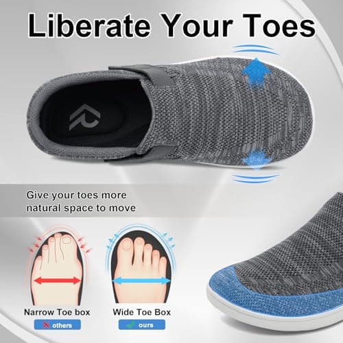 Men's Wide Walking Shoes Extra Wide Adjustable Slip On Orthopedic Barefoot Zero Drop Sneakers for Swollen Feet (Grey, Adult, Men, 8.5, Numeric, UK Footwear Size System, Wide) — view 3