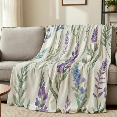 Fleece Flannel Throw Blanket for Bed Sofa Travel Soft Microfiber Blanket for Adults Kids Lightweight Green plants and lavender 70 x 100 cm — view 2