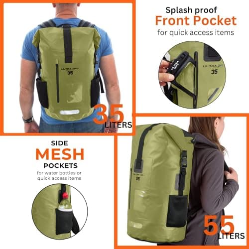 Premium 35L & 55L Waterproof Dry Bag Backpack, Sack with Phone Dry Bag, Perfect for Boating/Kayaking/Hiking/Canoeing/Fishing/Rafting/Swimming/Camping (Army Green, 35 Litre) — view 2