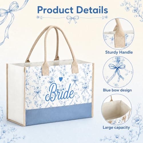 Snowvian Bride Tote Bag, Canvas Tote Bags, Bride to Be Bag for Hen Party Bridal Shower Wedding, Suitable for Travel Beach Holiday Daily Use (White blue) — view 4