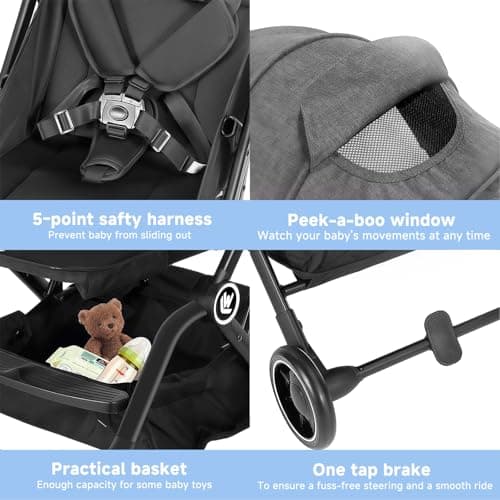 Rollingsurfer Lightweight Baby Stroller for Airplane, Compact Travel Pushchair with Retractable Foot Cover & Reclining Backrest, One Hand Fold Stroller — view 5
