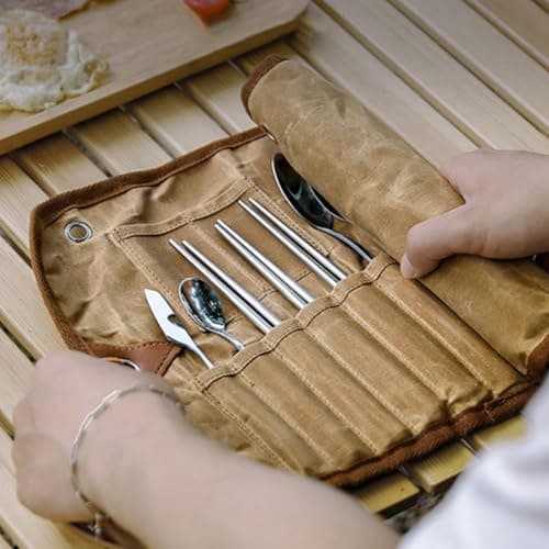 Zerodeko Portable Camping Cutlery Bag Folding and Lightweight Utensils Organizer Pouch with Multi-pocket Canvas Design for Outdoor Camping and Hiking Storage — view 4