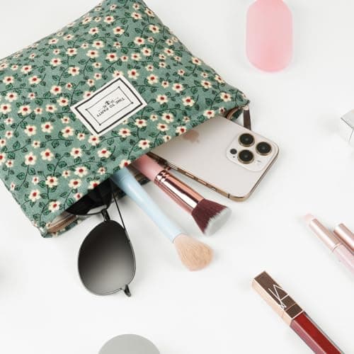 Aucuu Cosmetic Bags for Women, Small Floral Canvas Cosmetic Bag, Rose Flower Printing Corduroy Toiletry Bag, Multifunctional Travel Makeup Bag with Metal Zipper for Women Girls Gift - Green Flower — view 5