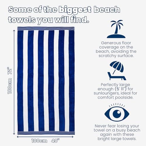 Allure Luxury Cabana Stripe Extra Large Beach Towel 100 x 180cm – 100% Cotton Travel Towel, Super Soft, Absorbent & Lightweight Pool Towel (Blue) — view 5