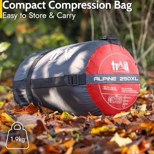 Trail Alpine 250 XL Sleeping Bag with Hood (L230cm x W100cm), Large Extra Wide Envelope Sleeping Bag, 2 to 3 Season Camping, Lightweight, Water Resistant, Soft Polycotton Liner, Compression Bag (Red) — view 6