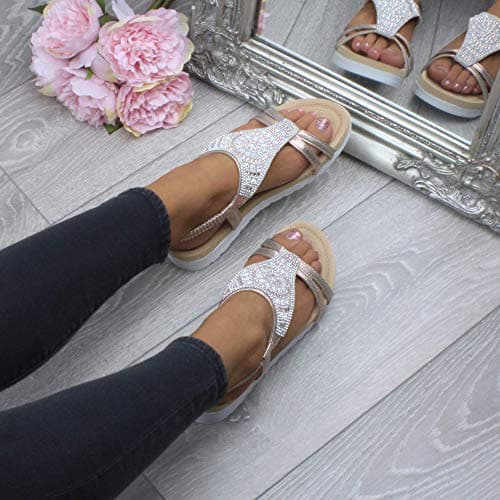 Ajvani Womens Ladies Low Wedge Heel Flatform Diamante t-bar Slingback Sandals - Rose Gold - 7 UK — view 2