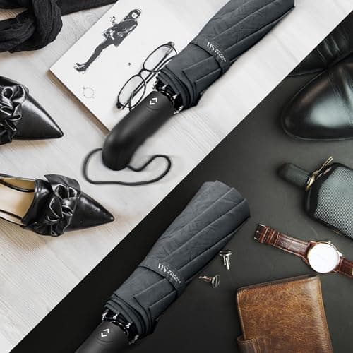Umbrella Windproof Compact - Strong Storm Proof Frame + Auto Open Close | Women Mens Lightweight Small Travel Folding Golf Brolly + Double Canopy, Ergonomic Handle | Water Resistant Teflon Grey — view 6