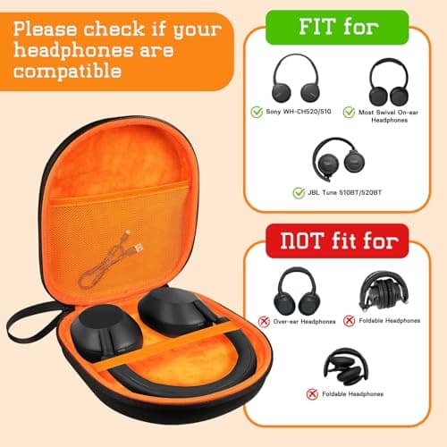 Muorruo Headphone Case Compatible with JBL Tune 510BT/520BT/670NC Live 460NC, with Sony WH-CH520/510, Portable Travel Case for Wireless On-Ear Headphones, Over-Ear Headphone Bag (Orange) — view 4