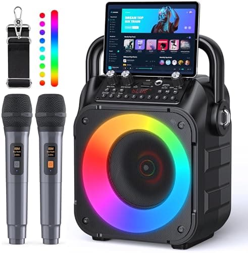 Karaoke Machine with Two Wireless Microphones, Portable Karaoke Machine for Adults & Kids, Portable Bluetooth Speaker with partybox PA System, LED Lights, Supports TF Card/USB, AUX in, FM, USB,TWS