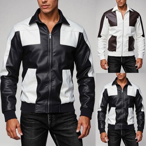Men's PU Outdoor Casual Style Loose Jacket Coat Stand-Up Collar Leather Jacket Leather Sleeves Sewing Jacket Punk Bomber Jacket Vintage Black White Motorcycle Jackets Casual Autumn Winter Wind Jacket — view 2
